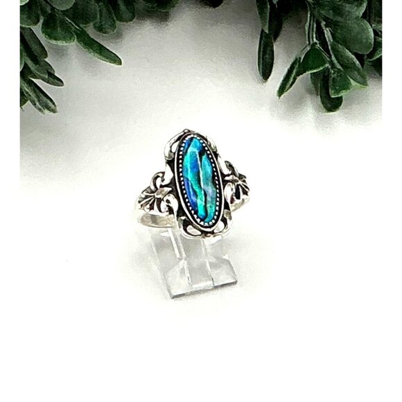 Vintage Style Sterling Silver Ring With Oval Abalone Shell & Ornate Filigree Des - Picture 5 of 6